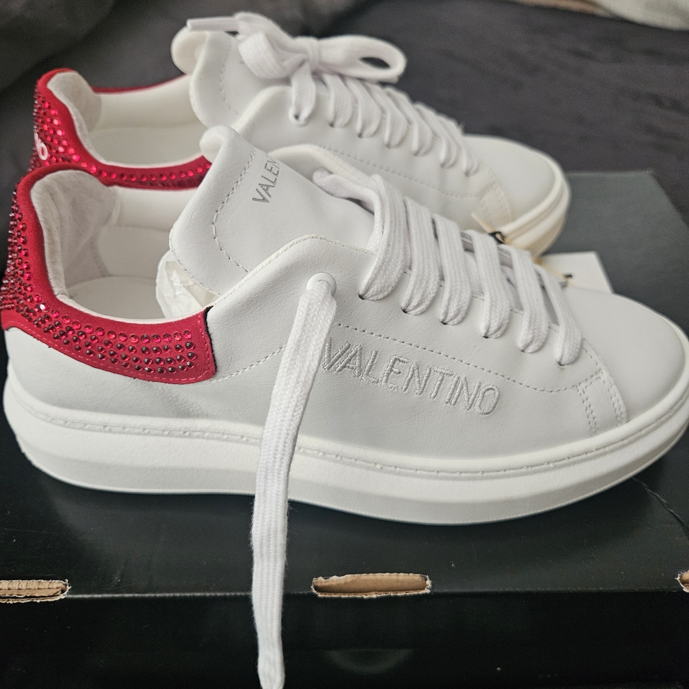Valentino Women's White and Red Sneakers Sz 8.5